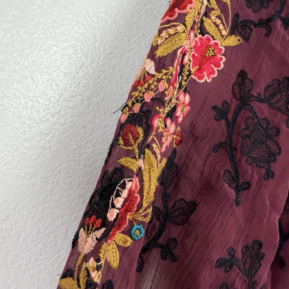 Sundance Top Womens Small Burgundy Floral Embroidered Tassel Tie Long Sleeve - Picture 5 of 13